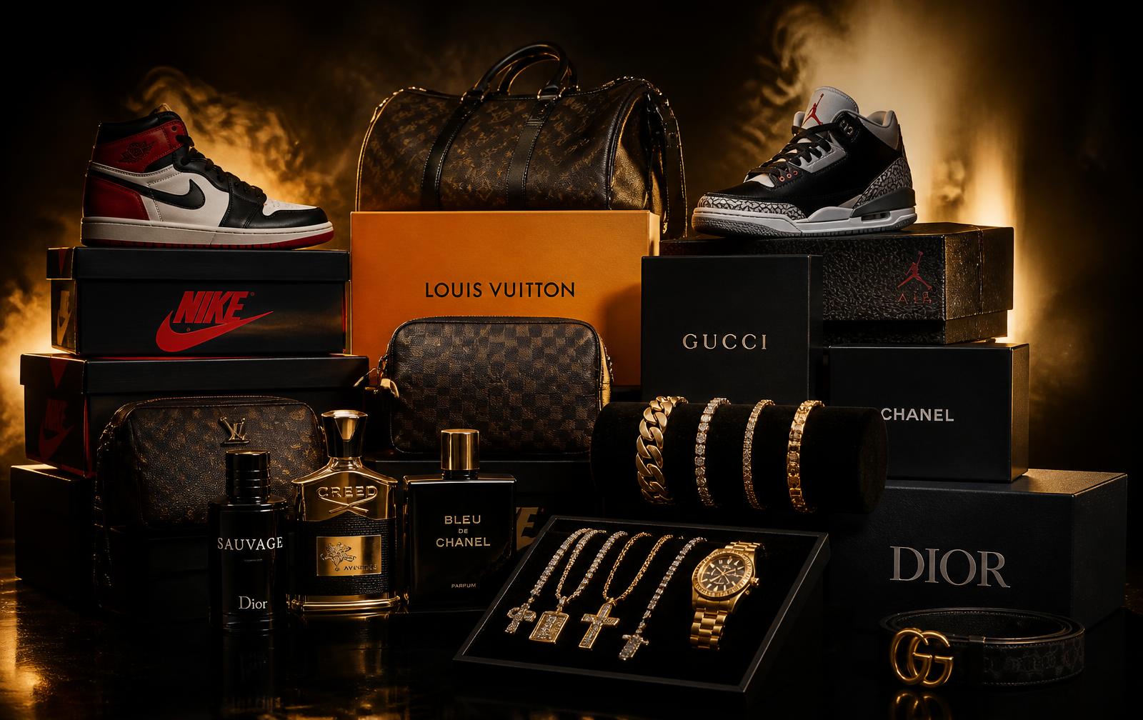 Luxury sneakers, designer bags, cologne and jewelry lit with warm gold light